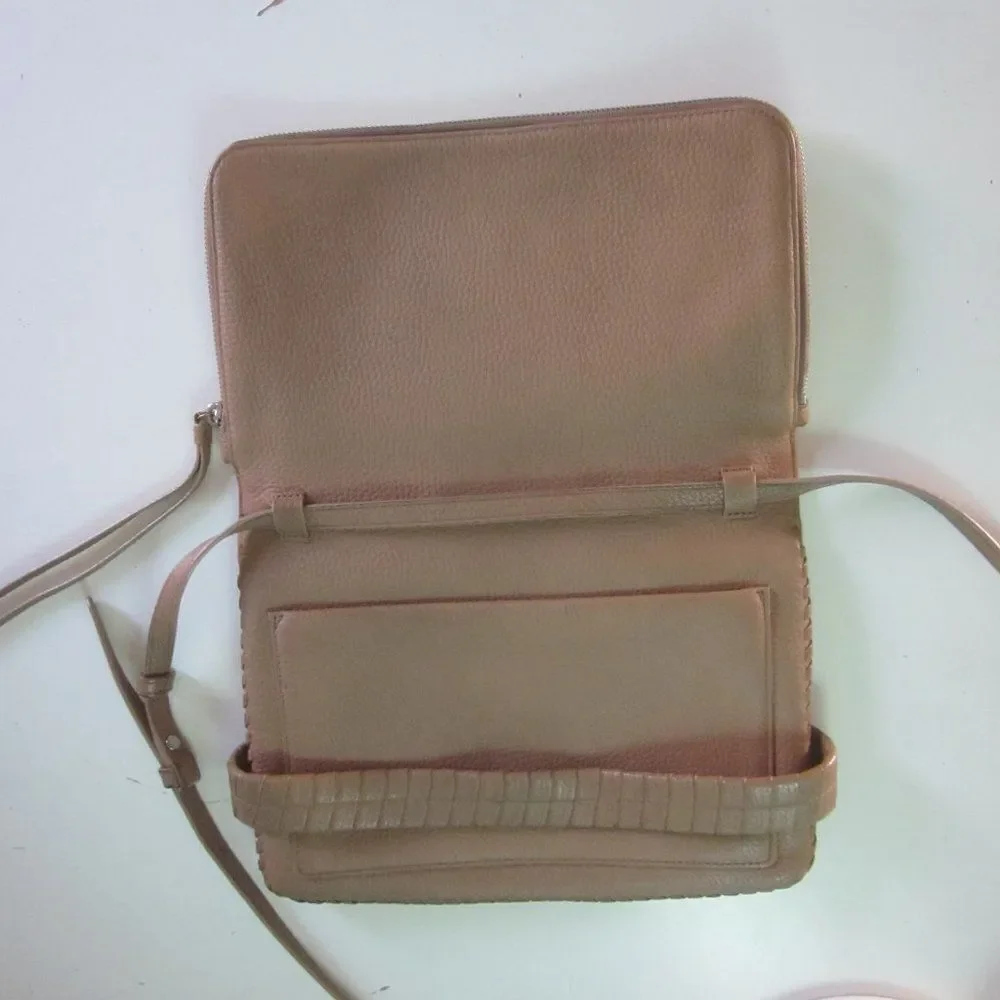Allsaints Club Medium Clutch Crossbody Purse Tan Pebbled Leather